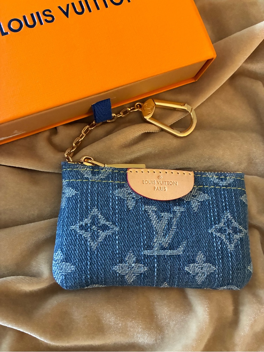 Denim Monogram Key Pouch in Blue with Gold Hardware